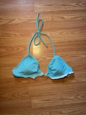 Turquoise and White Striped Triangle Bikini Top